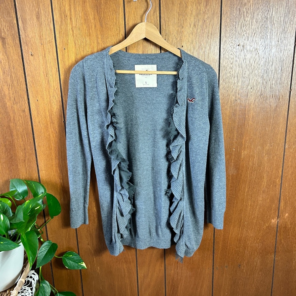 Vintage y2k Hollister Gray Ruffle Front Cardigan Sweater Women's Small - Picture 3 of 9